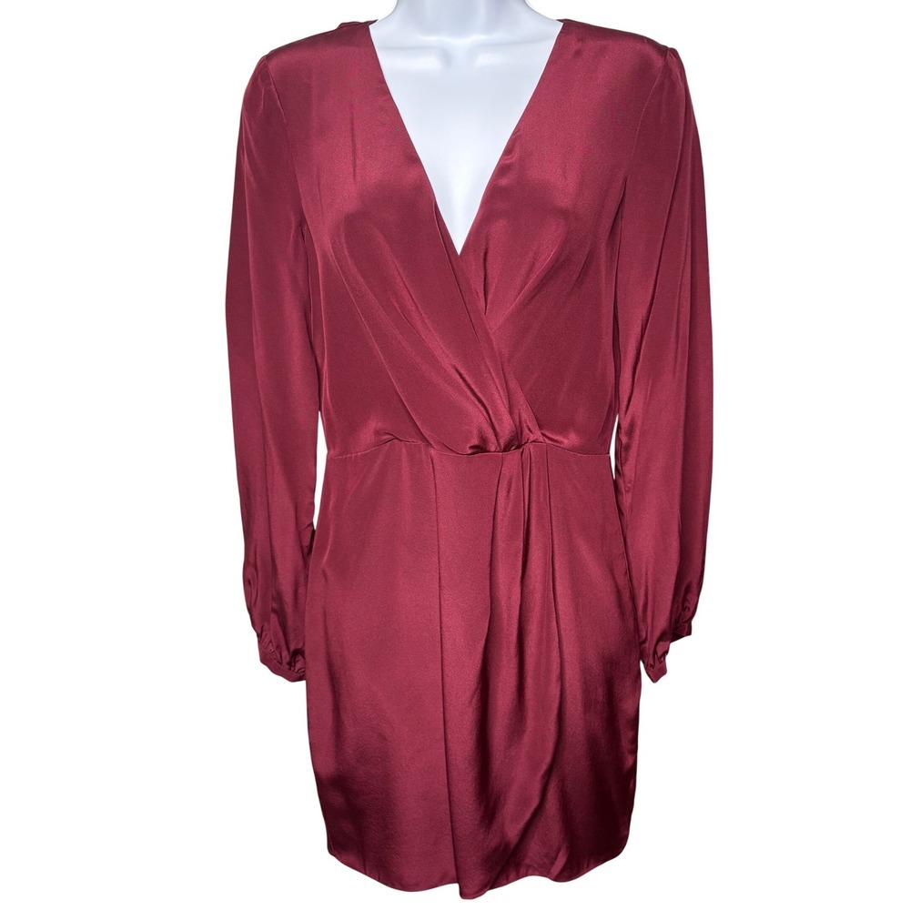NWT LAVENDER BROWN Womens Burgundy Faux Wrap Long Sleeve Mini Dress S Silky Luxe